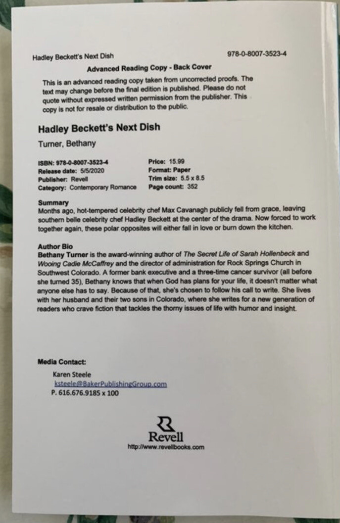 ARC Hadley Beckett’s Next Dish by Bethany Turner 2020 Trade Size Advanced Copy