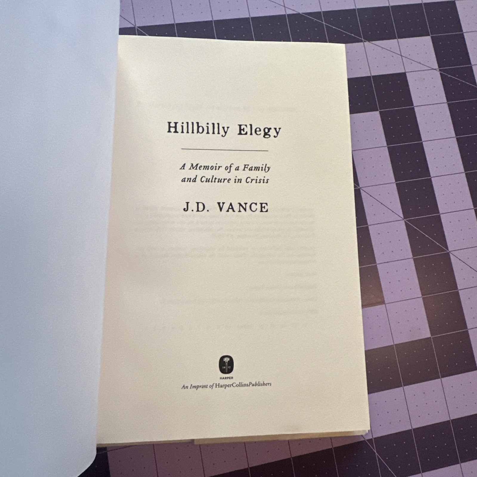 Hillbilly Elegy by J. D. Vance. 1st Printing, 1st Edition (2016 HC) VG+