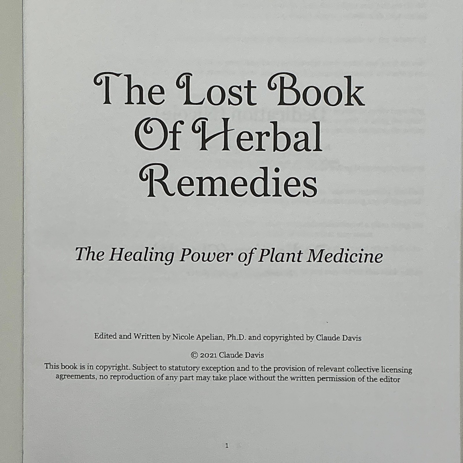 THE LOST BOOK OF HERBAL REMEDIES NICOLE APELIAN CLAUDE DAVIS 2021 PAPERBACK