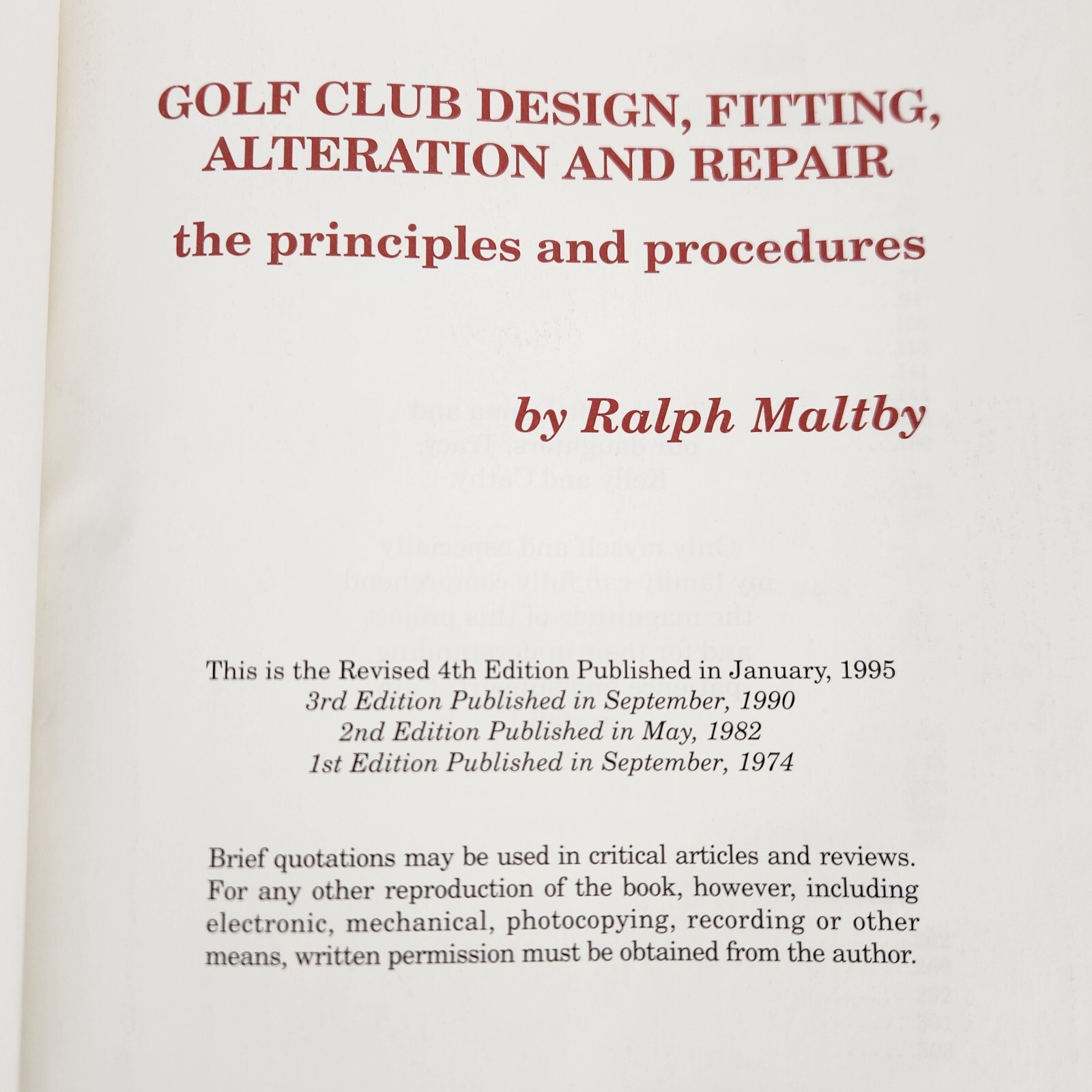 Golf Club Design Fitting Alteration and Repair 4th Edition 1995 Ralph Maltby
