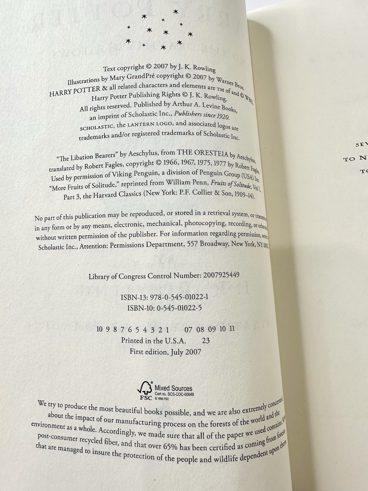 🧡 Harry Potter And The Deathly Hallows 1st Edition & Print-pg759 ERROR-RARE NEW