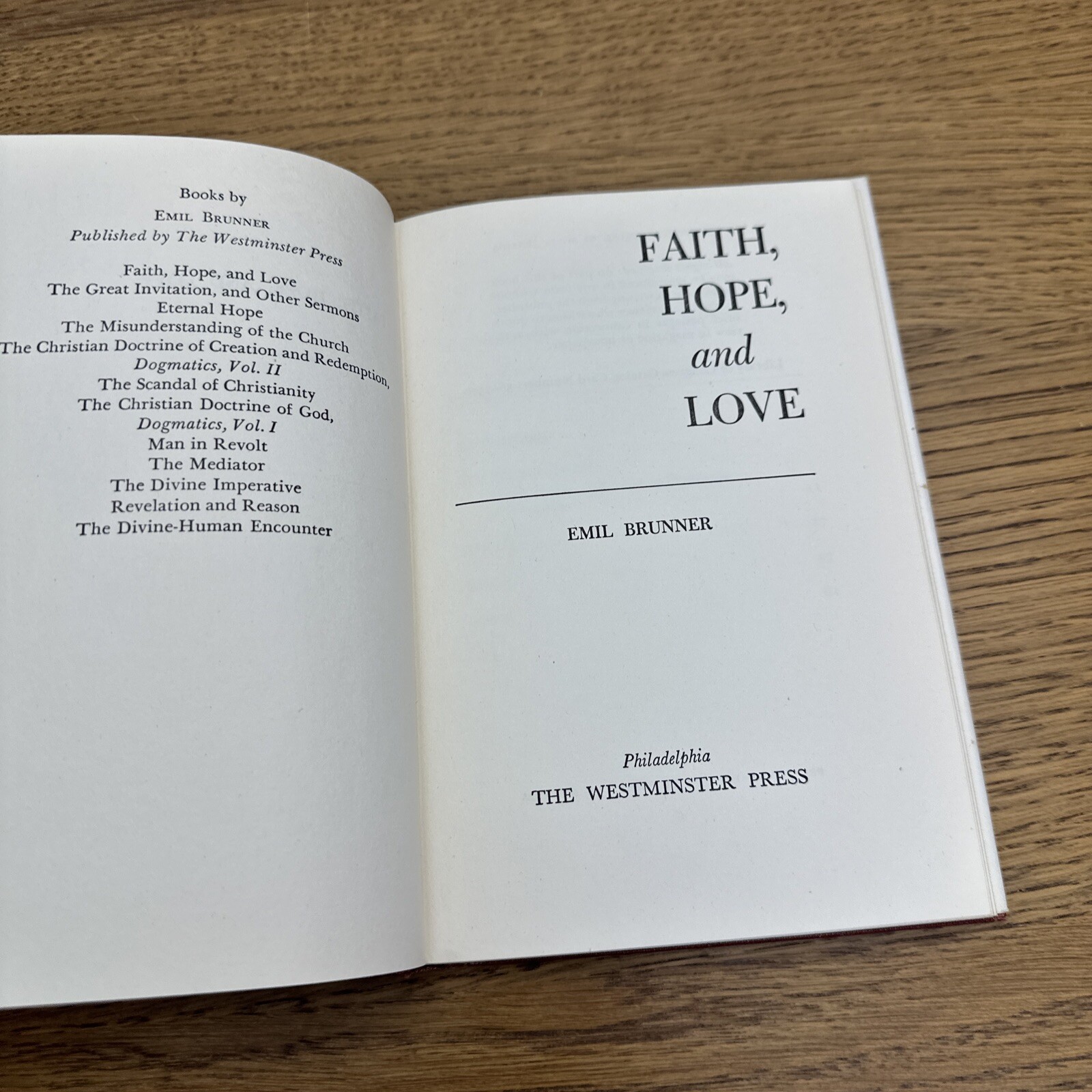 Faith, Hope, and Love Emil Brunner Westminster Press 1956 Hardcover Dust Jacket