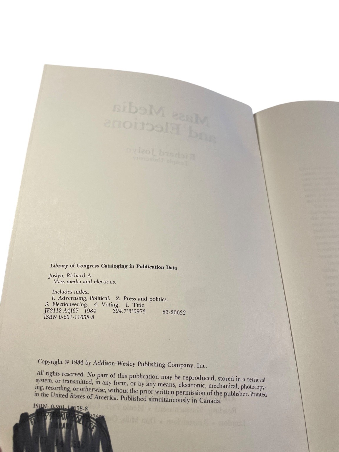 Mass Media Elections Richard Joslyn 1984 Political Science Addison-Wesley