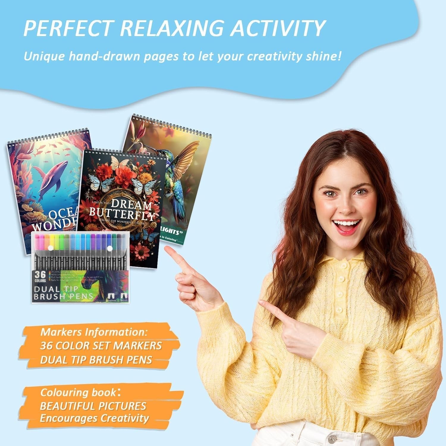 3Pcs Adult Coloring Book Set for Relaxation – 36 Dual Tip Markers, Mindfulness G