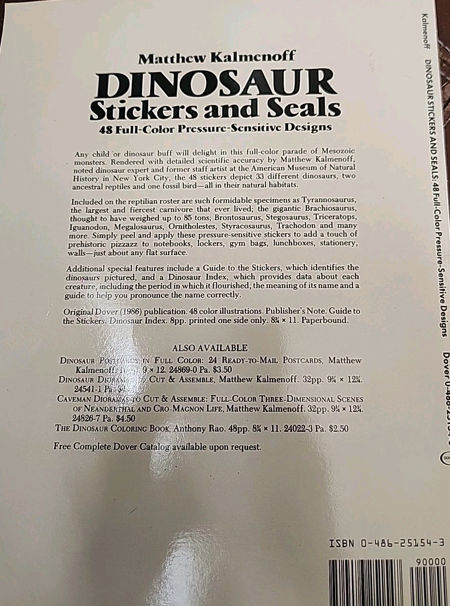 DINOSAUR STICKERS AND SEALS: 48 FULL-COLOR By Matthew Kalmenoff & Dinosaurs