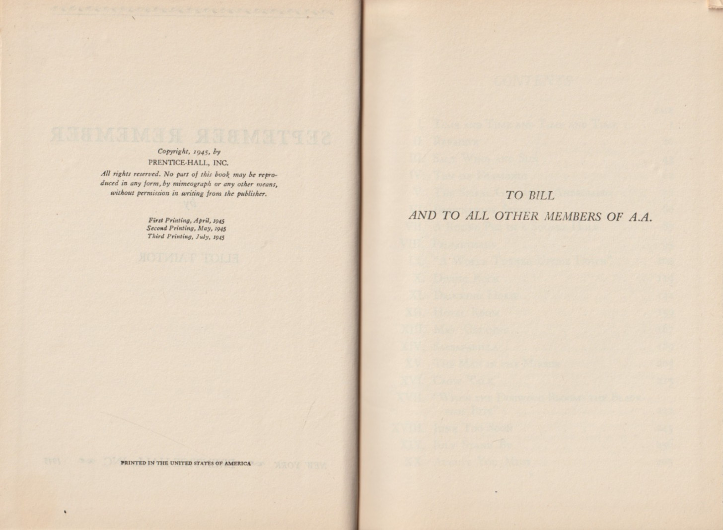 Alcoholics Anonymous, 1945, SEPTEMBER REMEMBER, HC w/dj, Eliot Taintor 3rd prnt.