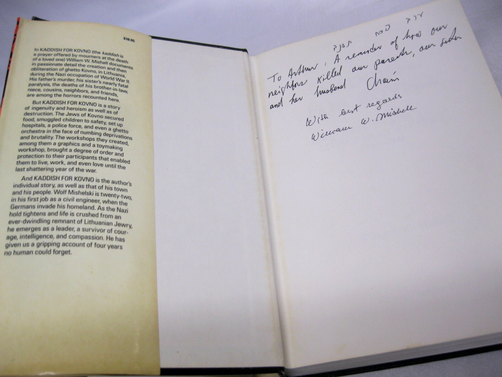 Kaddish for Kovno SIGNED by William W Mishell Lithuanian Ghetto WWII 1988 1st ed