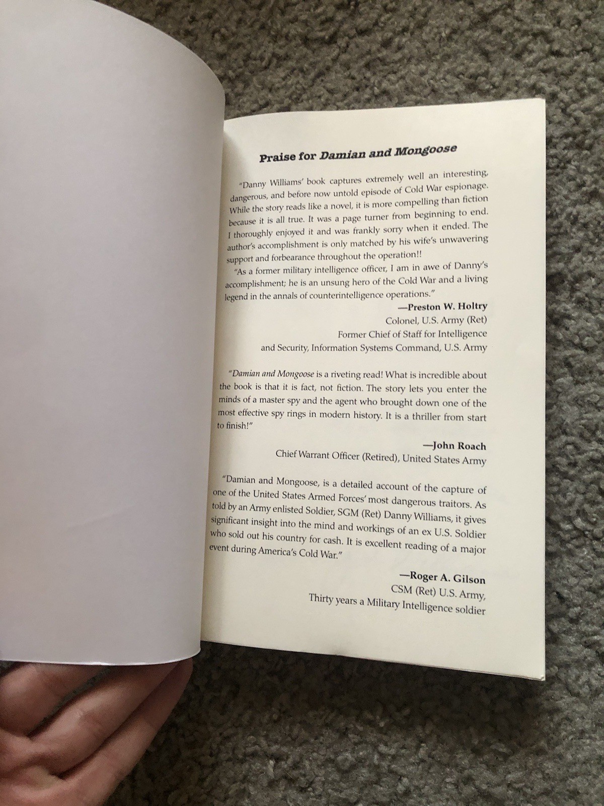 Damian and Mongoose Danny L. Williams Signed Copy US Army Counterespionage Book