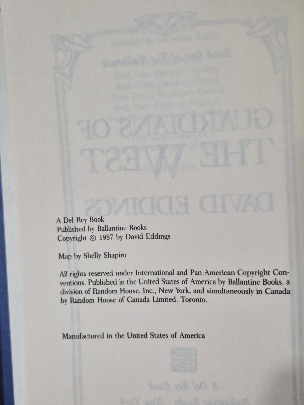 David Eddings GUARDIAN OF THE WEST Malloreon 1 1987 Del Rey BCE HCDJ VG Mylar
