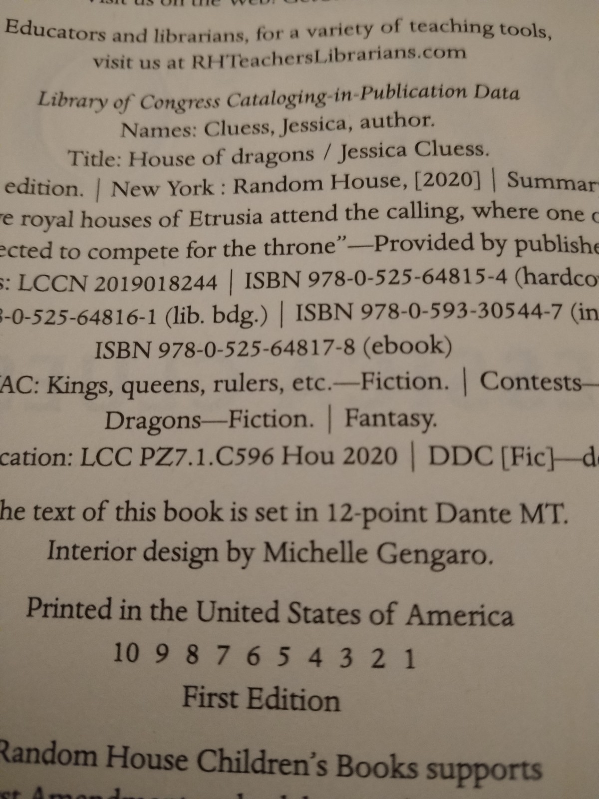 House Of Dragons By Jessica Cluess 1st Edition/1st Printing 2020 HC/DJ Book
