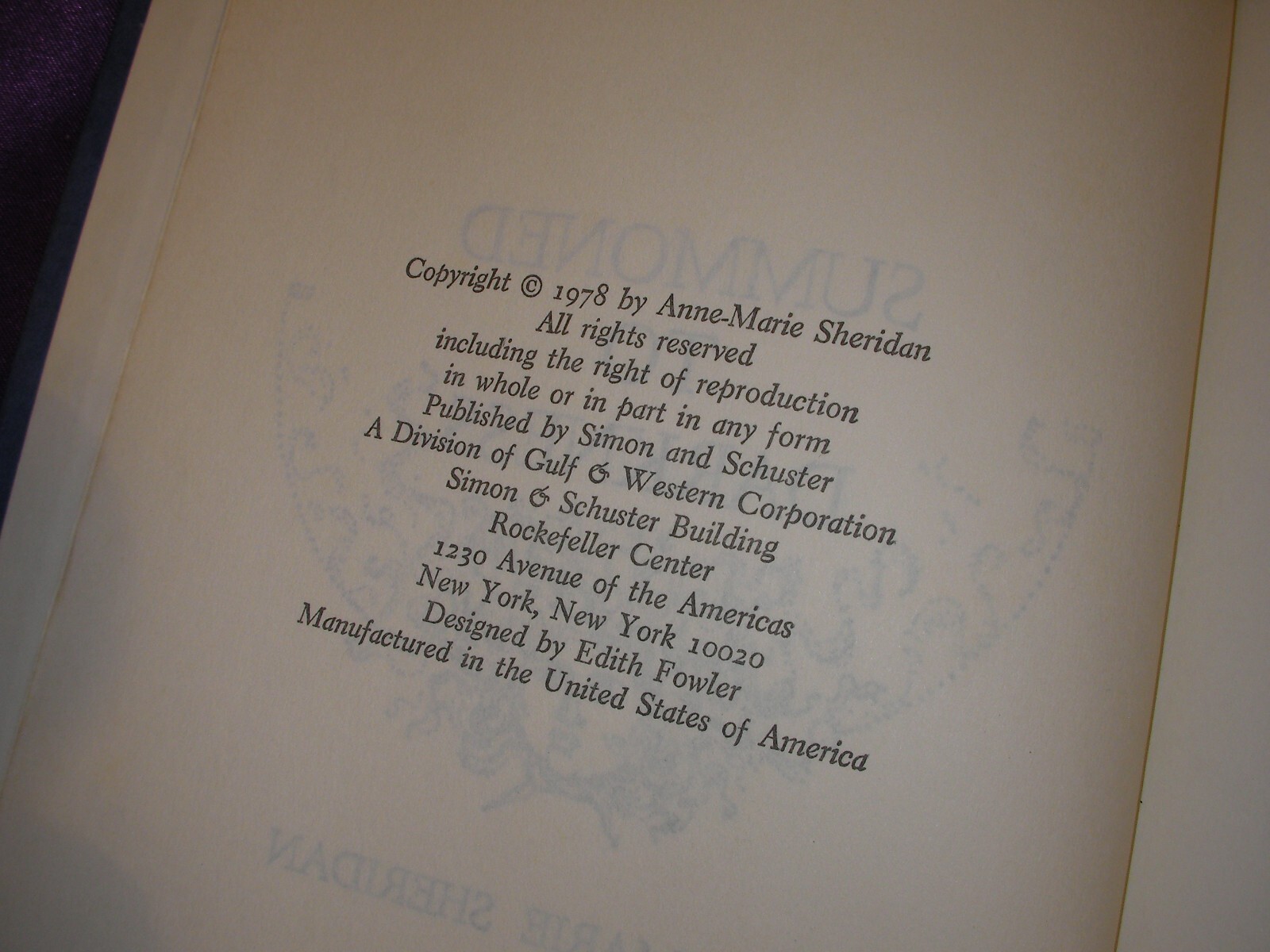 HB HC Book Summoned to Darkness Anne-Marie Sheridan 1978 Simon & Schuster