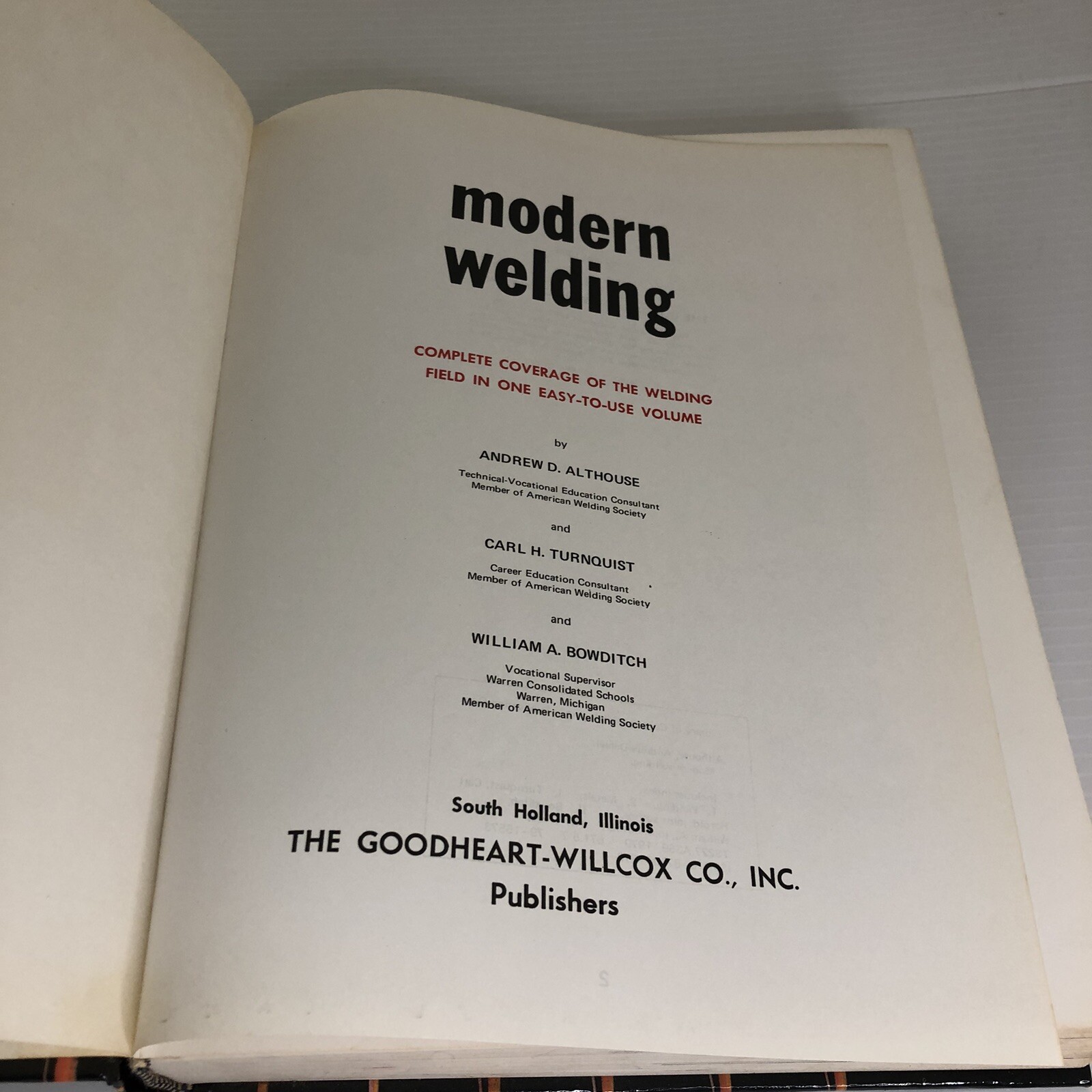 1980 Modern Welding Carl H Turnquist Mark A Bowditch Andrew Althouse 0870062794