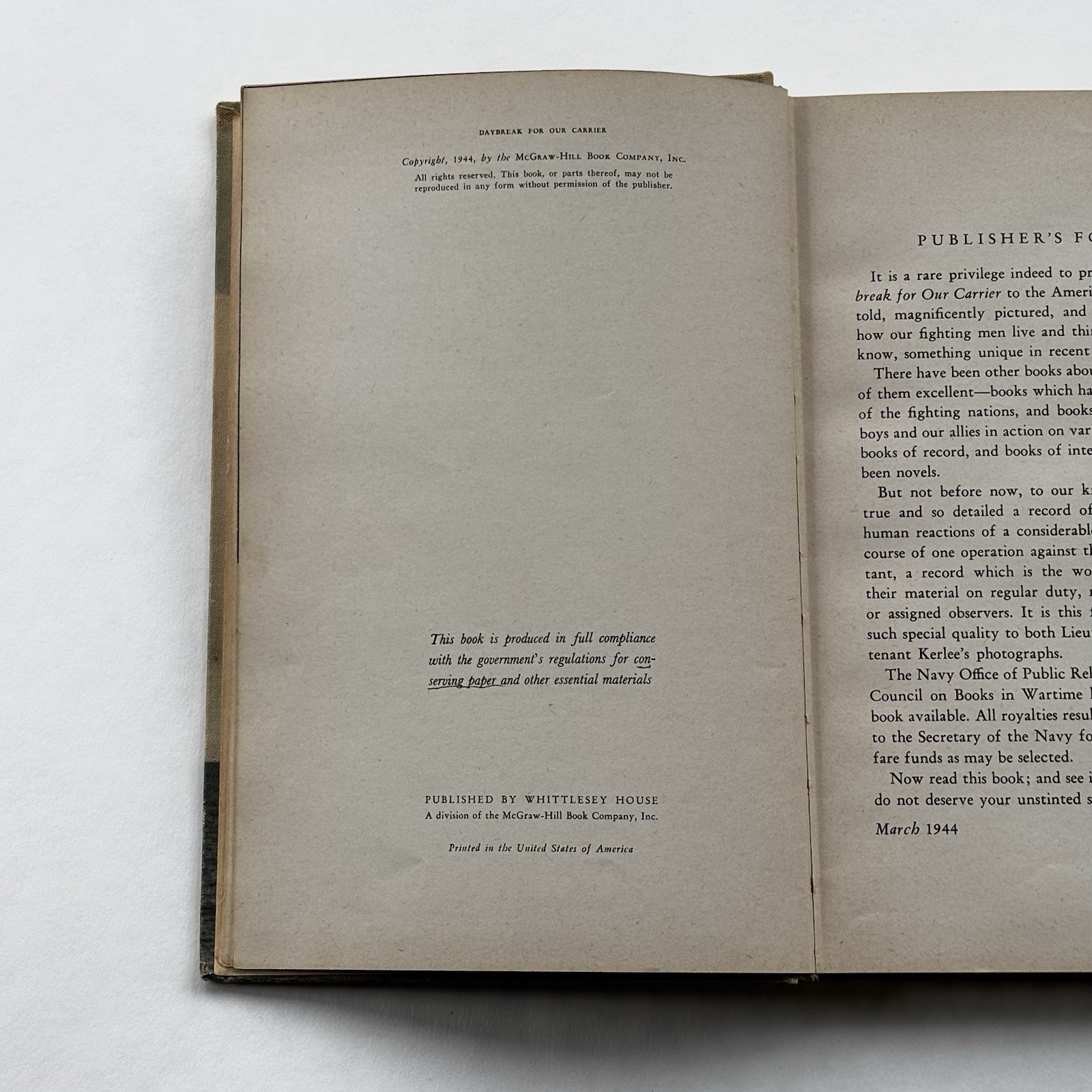 Daybreak For Our Carrier Lt. Max Miller USNR Whittlesey House First Edition 1944