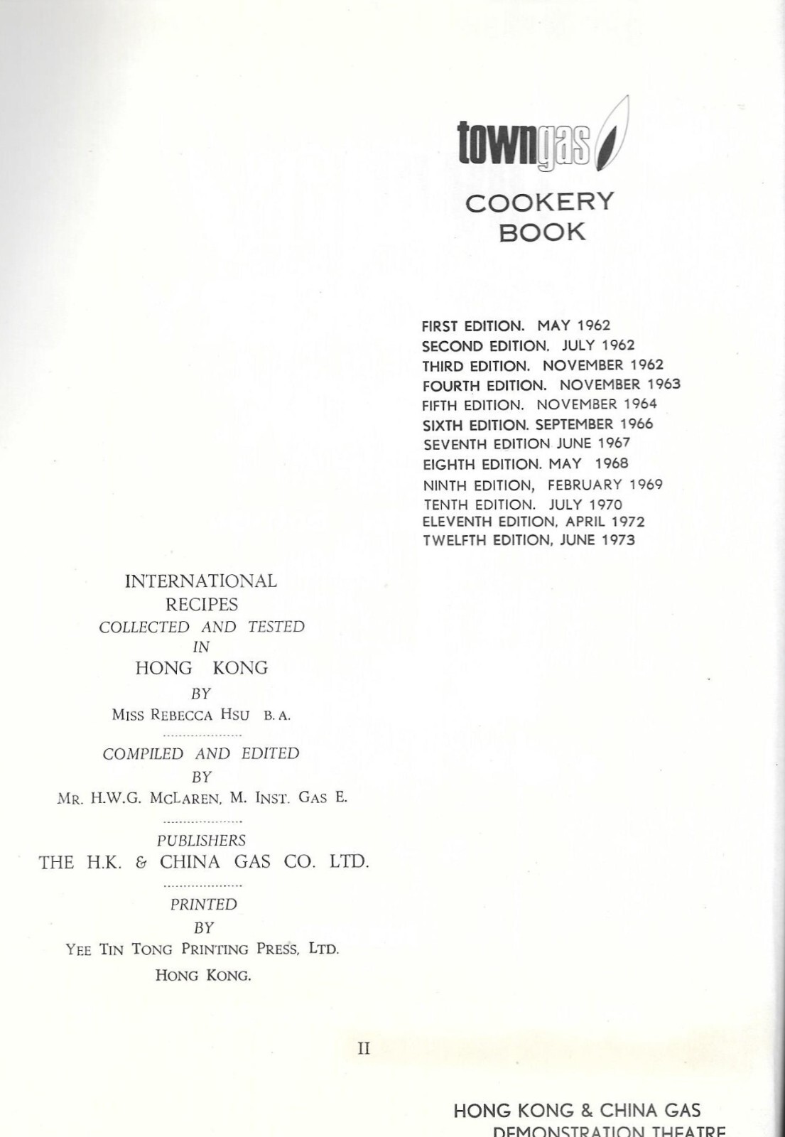 TOWNGAS COOKERY BOOK 1973 12th Edition Hardcover English & Chinese U.S. ONLY!