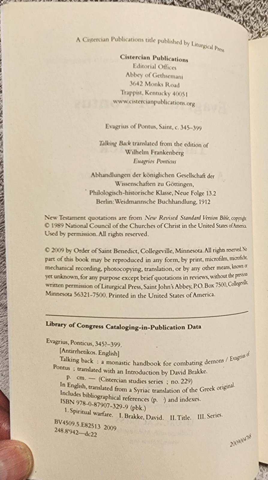 Talking Back A Monastic Handbook for Combating Demons Vol 229 Cistercian Studies