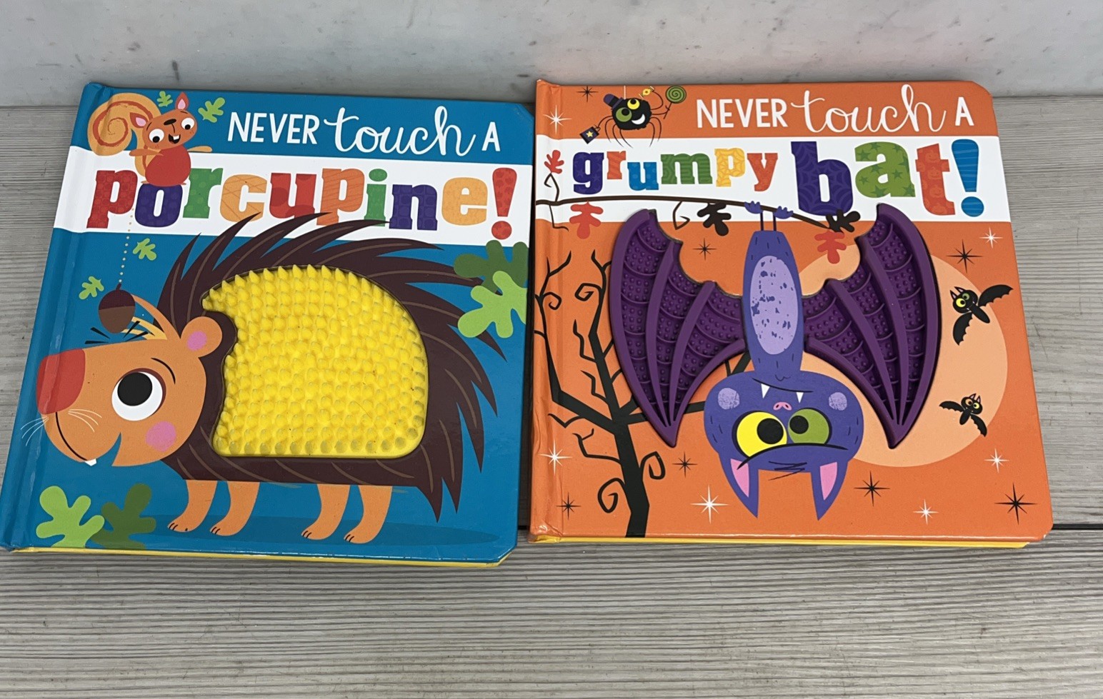 Lot Of 2 Children’s Books, Never Touch A Grumpy Bat, Porcupine, Illustrated, HC.