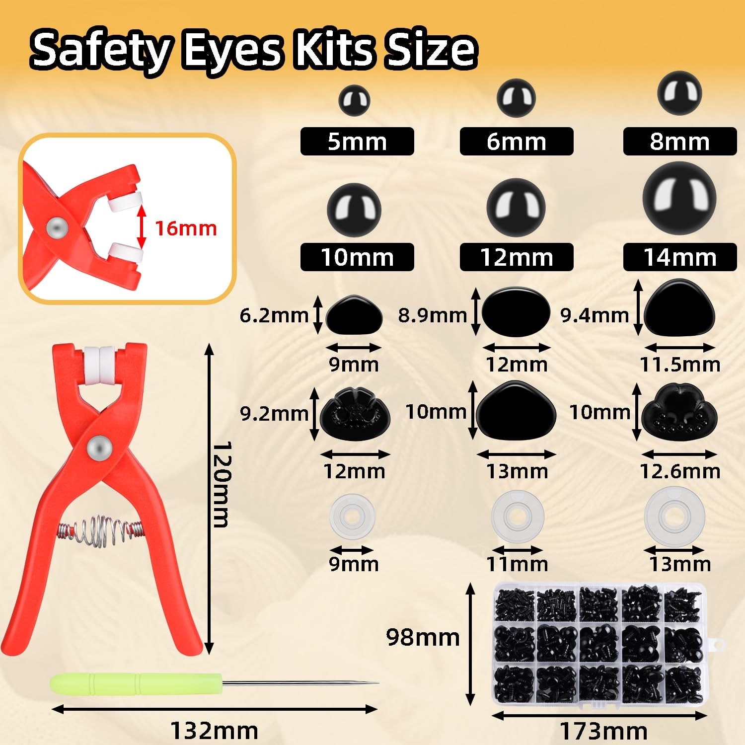 567 Pcs Safety Eyes & Noses Set for Amigurumi, 5 Sizes + 6 Types, Includes Washe