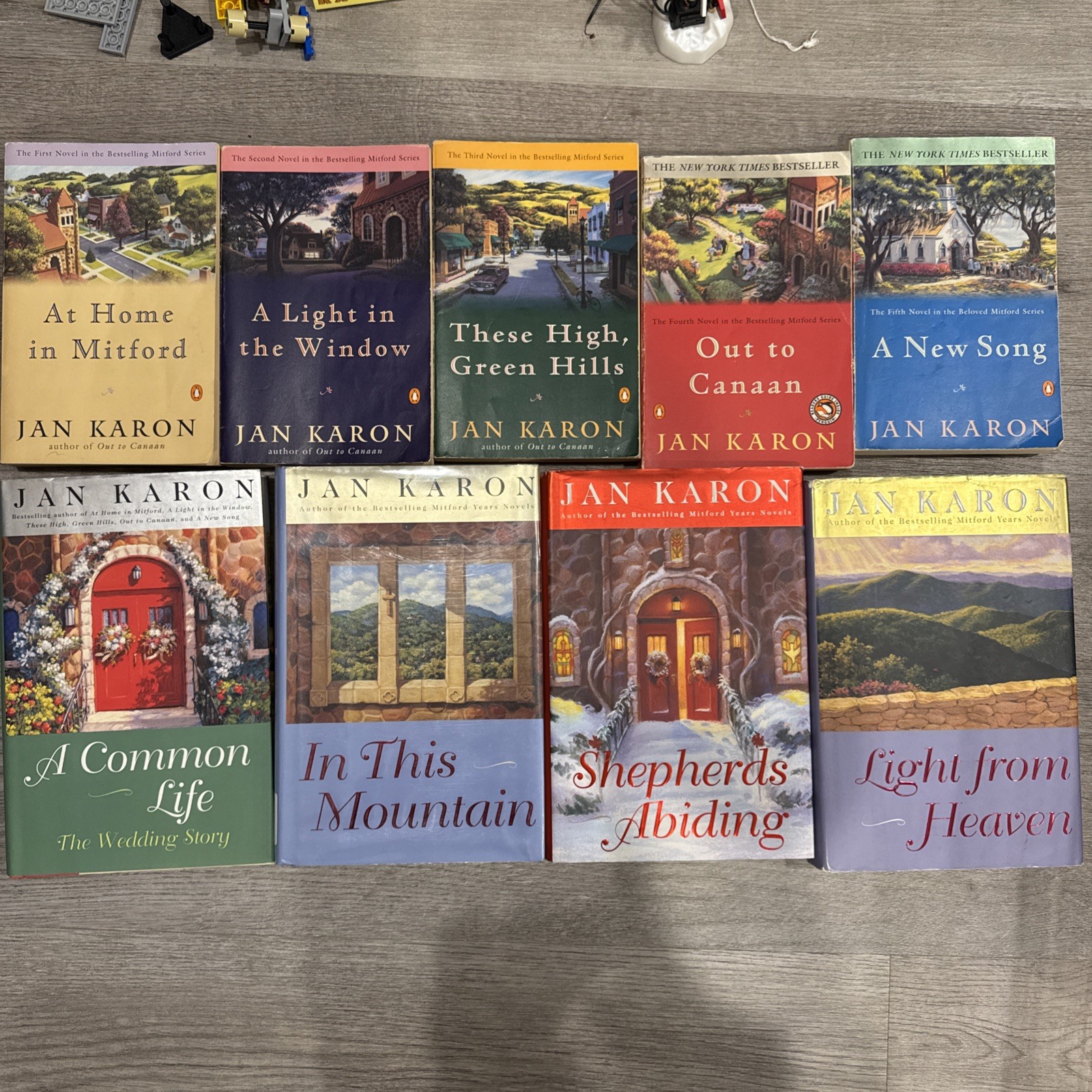 Mitford series books 1-9, lot of 9 Jan Karon, paperback and hardcover mixed set