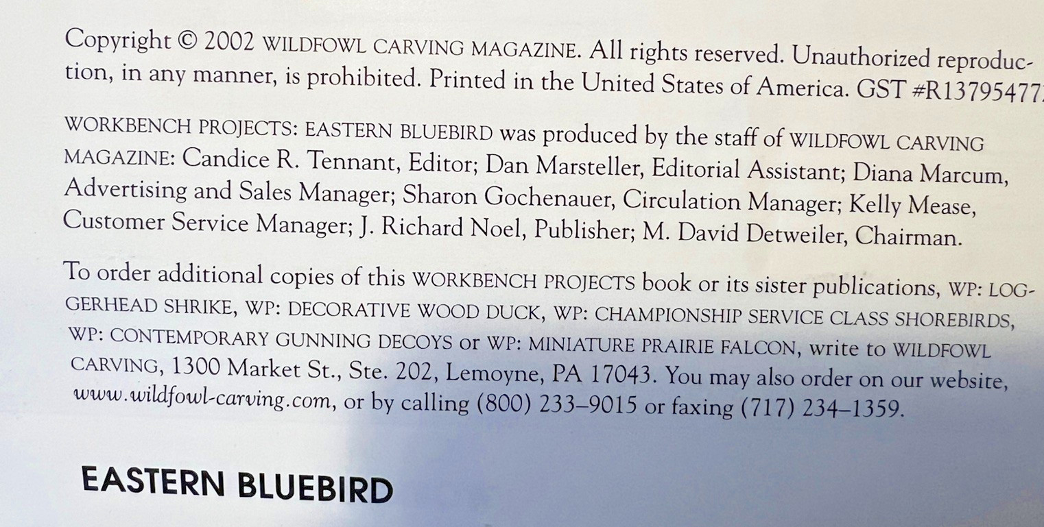Wildfowl Carving Mag Workbench Projects “Eastern Bluebird” by Laura Lucio, 2002