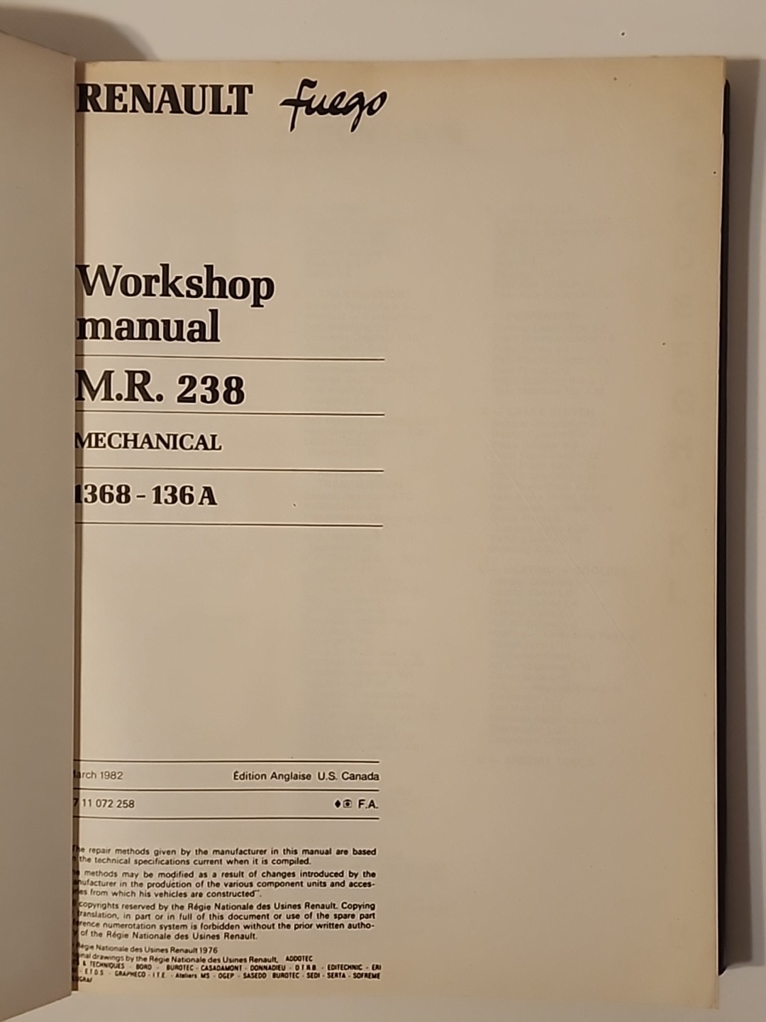 Renault Fuego M.R.238 Workshop Manual 1368-136A 1982 Engine Repair Maintenance