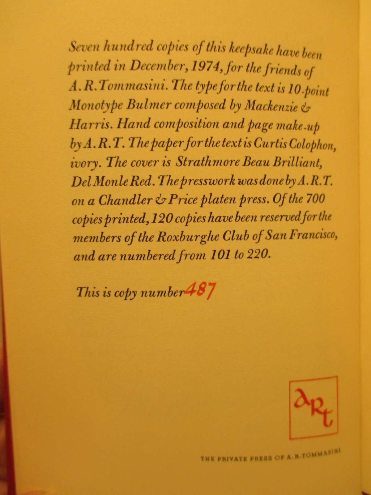 fine press book B FRANKLIN INVENTOR by A R TOMMY TOMMASINI # 27 / 1974 #487/700
