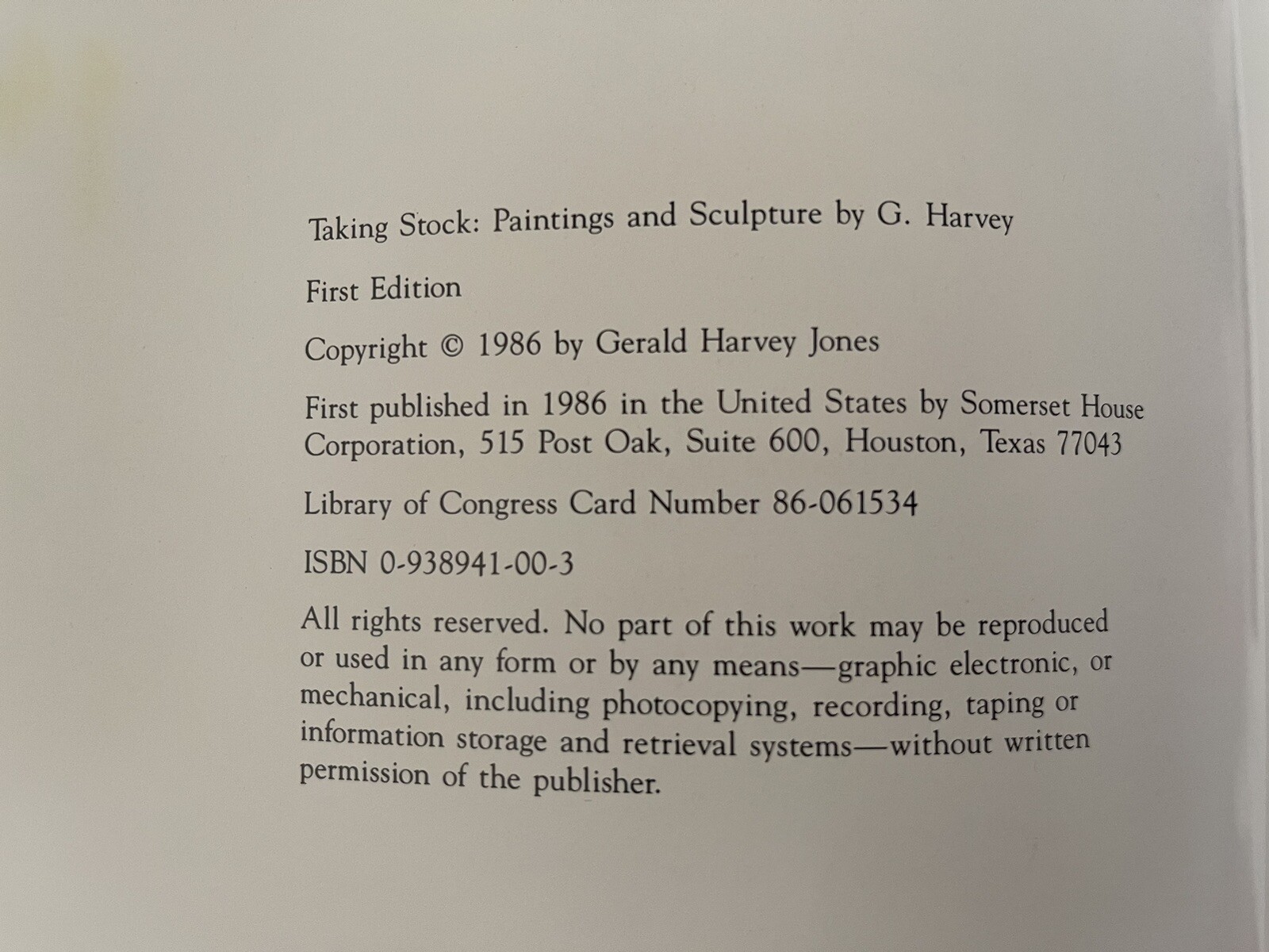 Taking Stock: Paintings and Sculpture by G. Harvey 1st Ed Signed With Vignette