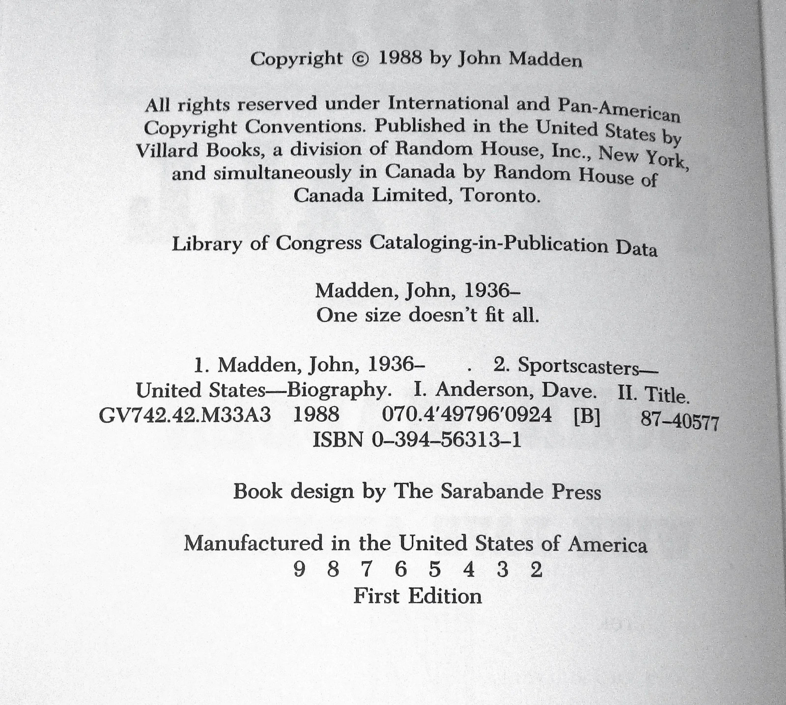 SIGNED One Size Doesn’t Fit All by John Madden First Edition 1988