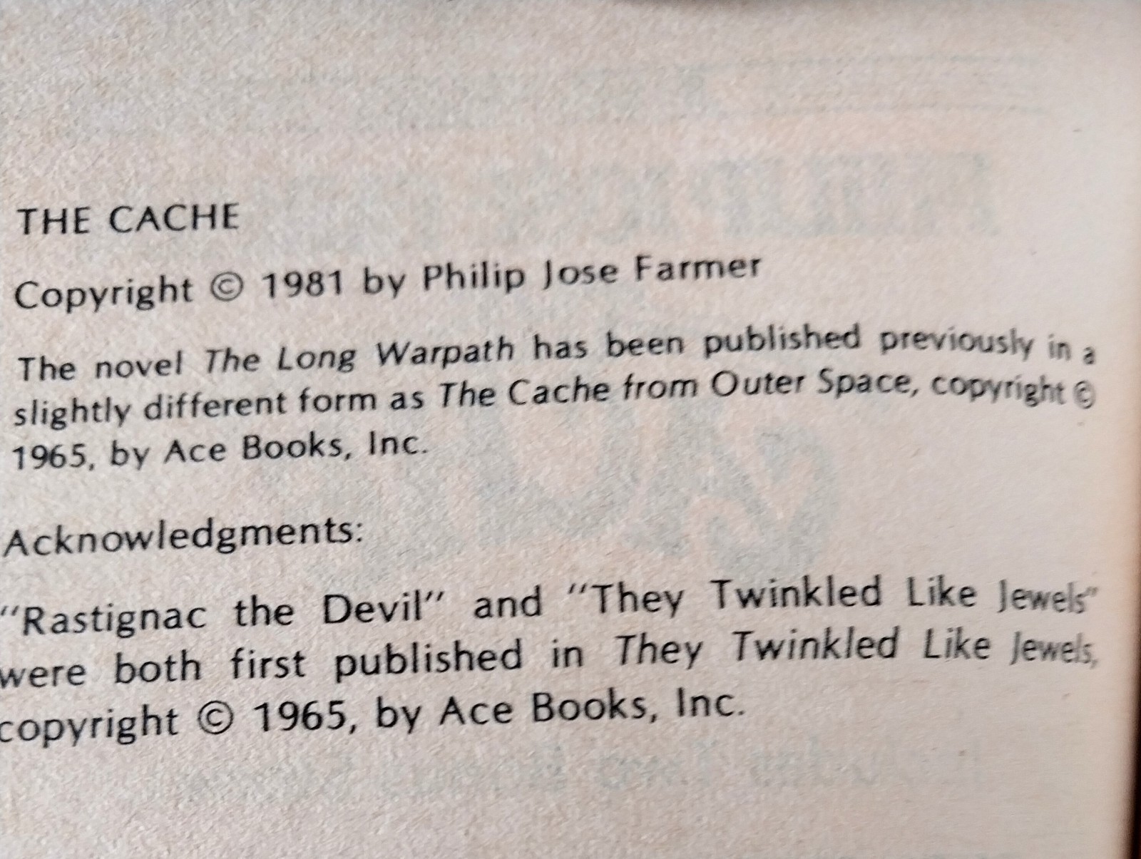 Philip Jose Farmer – The Cache – Tor Pinnacle First Printing 1981