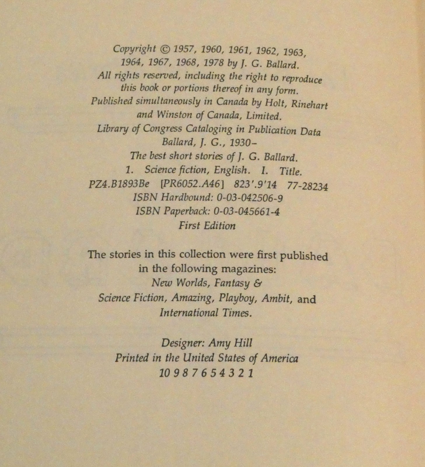 Best Short Stories of J G Ballard Book 1978 First Edition Sci-Fi Fantasy HRW-129