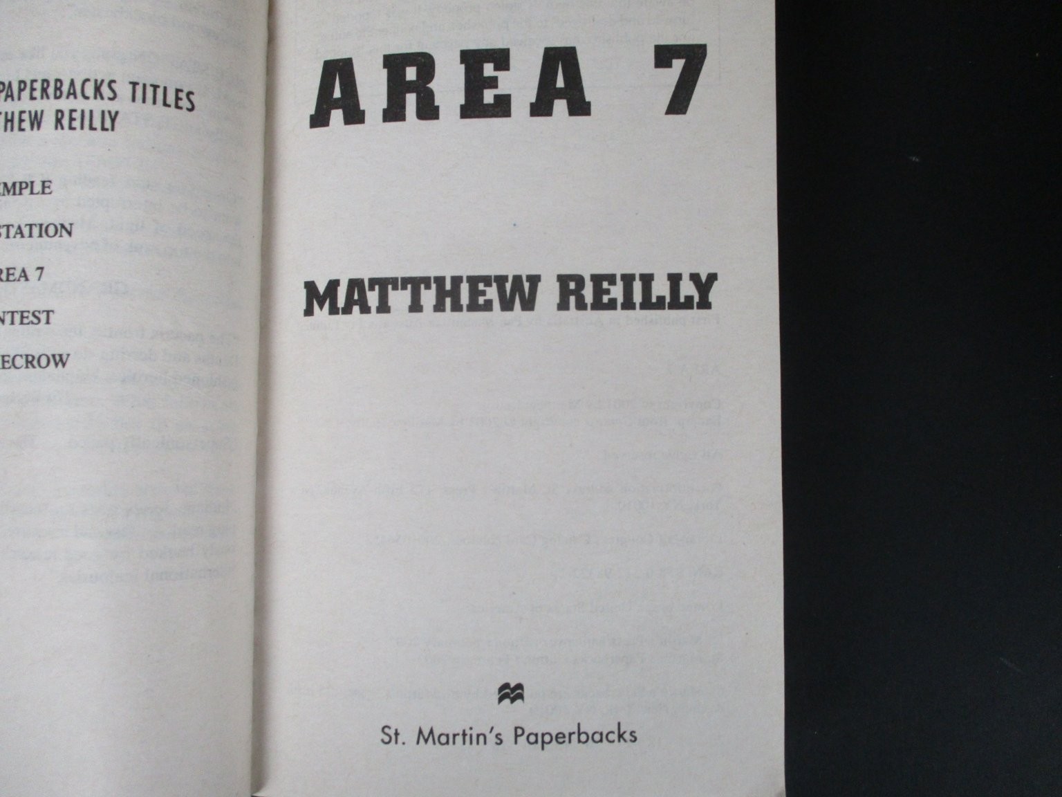Area 7 Matthew Reilly 2003 Shane Schofield Thriller St. Martin’s Paperbacks