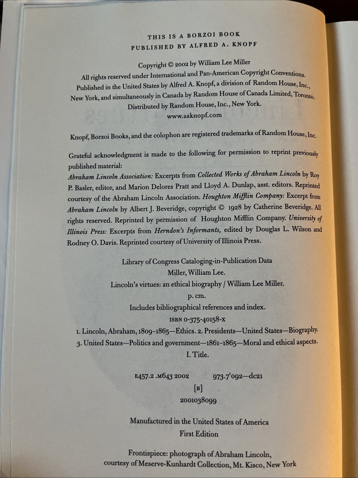 Lincoln’s Virtues by William Lee Miller (2002, Hardcover, First Ed/1st Printing)