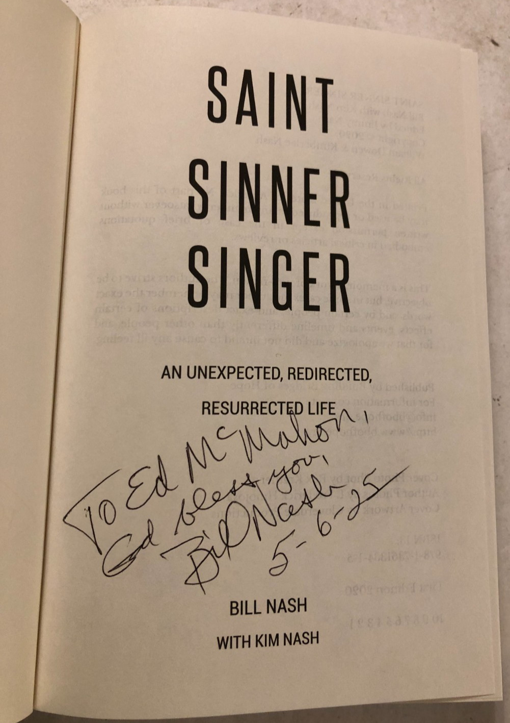 Signed Inscribed Bill Nash Saint Sinner Singer First Edition 2020 Hardback