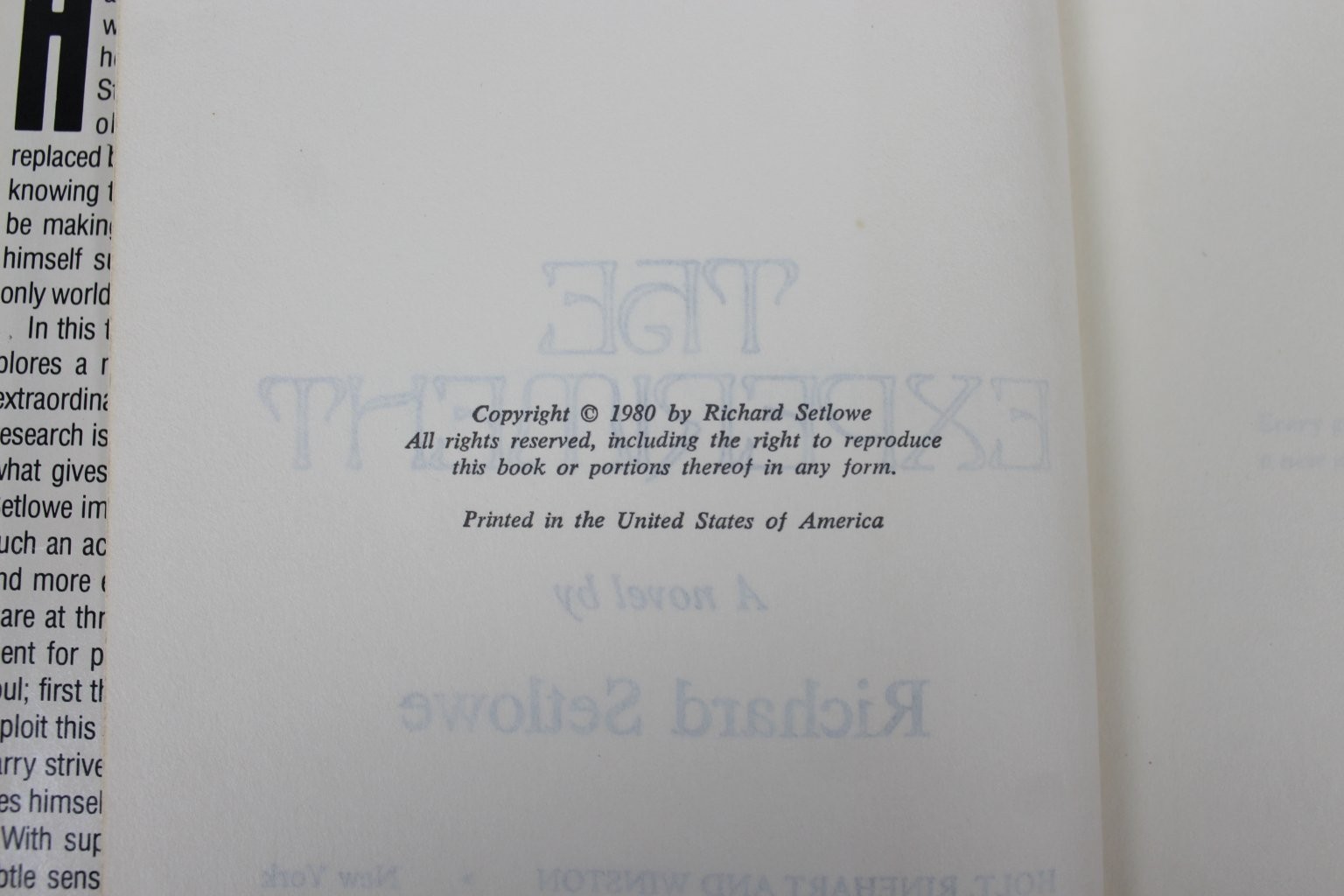 The Experiment Richard Setlowe 1980 BCE HCDJ Thriller Holt Rinehart