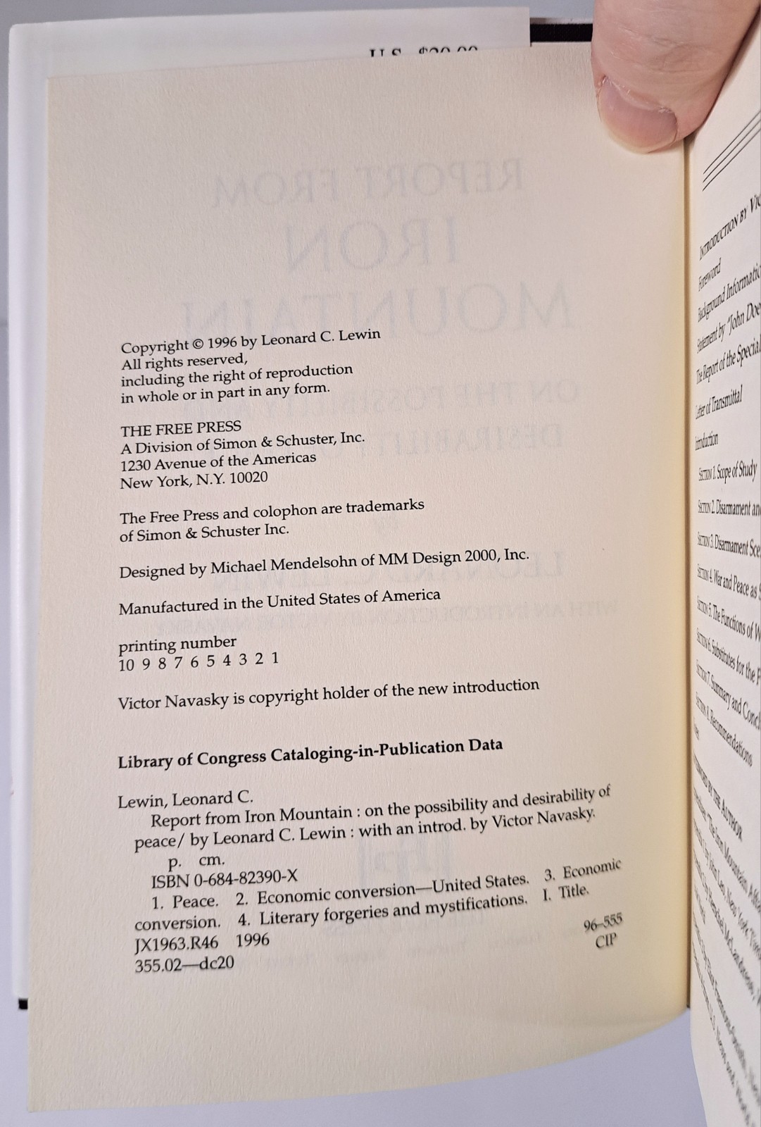 Report From Iron Mountain | Leonard C. Lewin ~ The Free Press HC 1996 Satire