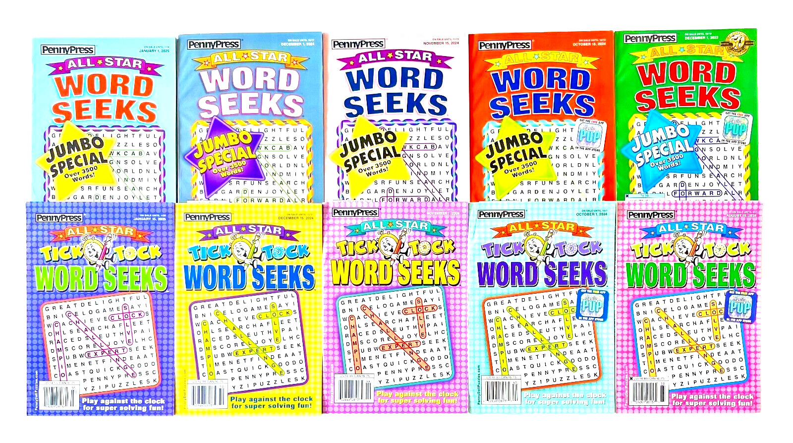 NEW Lot 10 Penny Press Dell All Star + Tick Tock Word Search Seek Puzzle Books