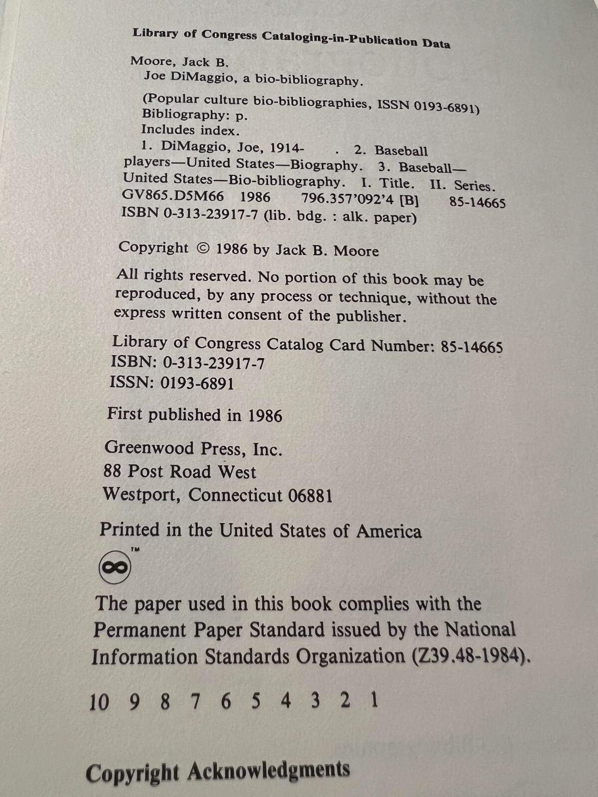 Joe Dimaggio: A Bio-Bibliography by Jack Moore, ex-library, VG, 252 pages