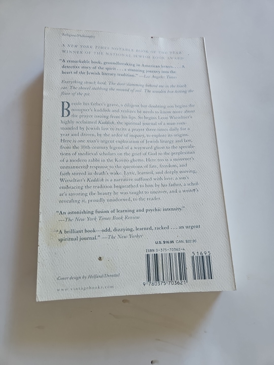 Kaddish Paperback Leon Wieseltier VG Condition