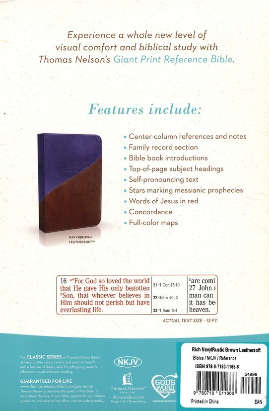 NKJV Reference Bible -Giant Print 13pt *INDEXED* Navy/Brown Imit Leather NEW!