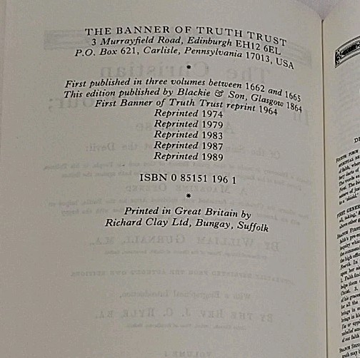 The Christian in Complete Armour By William Gurnall Banner Of Truth 1989 HC READ