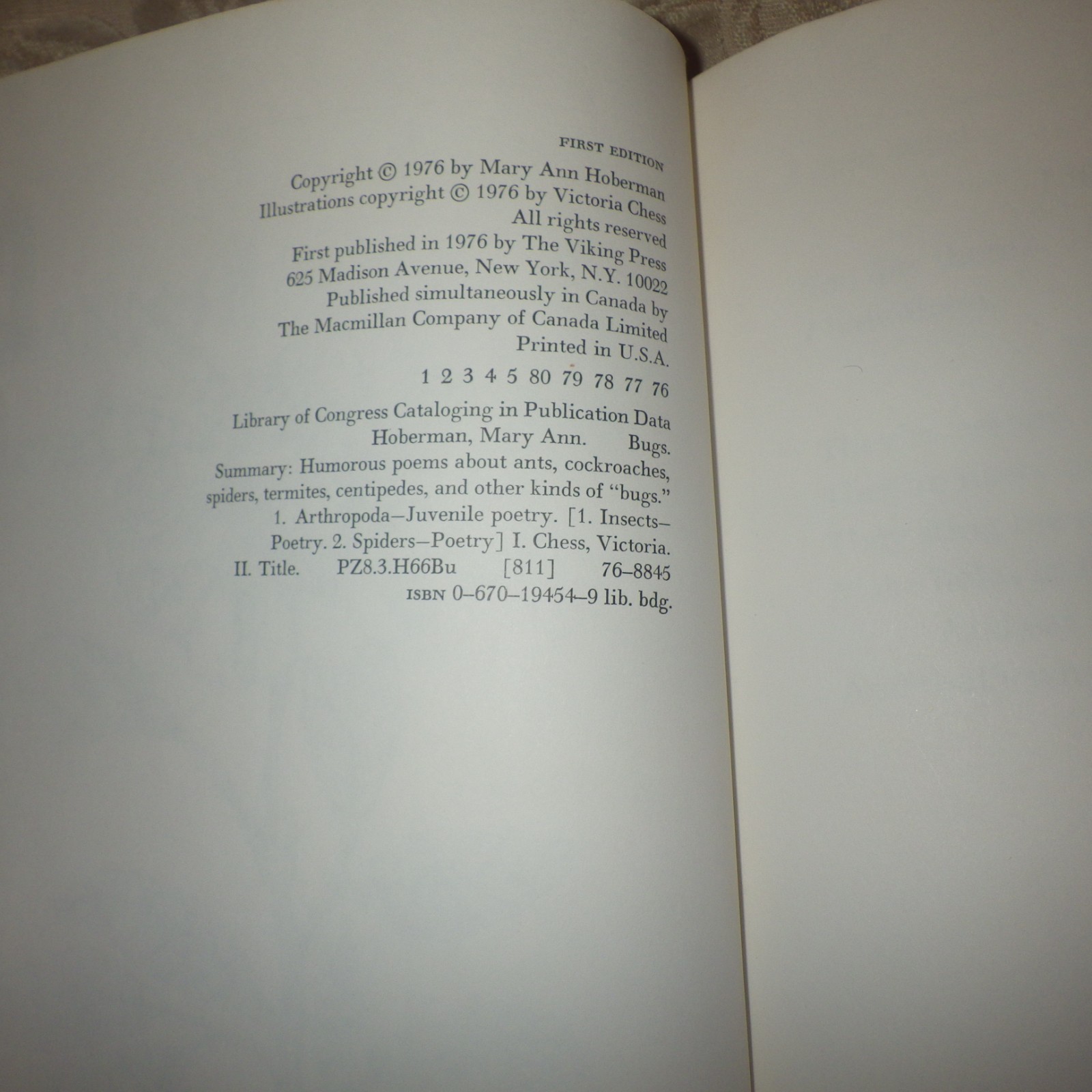 Bugs : Poems By Mary Ann Hoberman 1976 HC 1st ED in Dust Jacket RARE SIGNED!