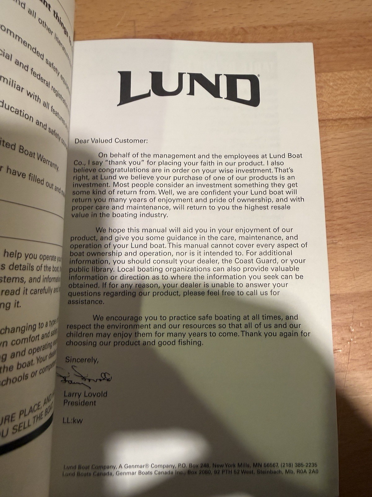 LUND BOAT OWNERS & Operators MANUAL NO DATE Pre Owned Book