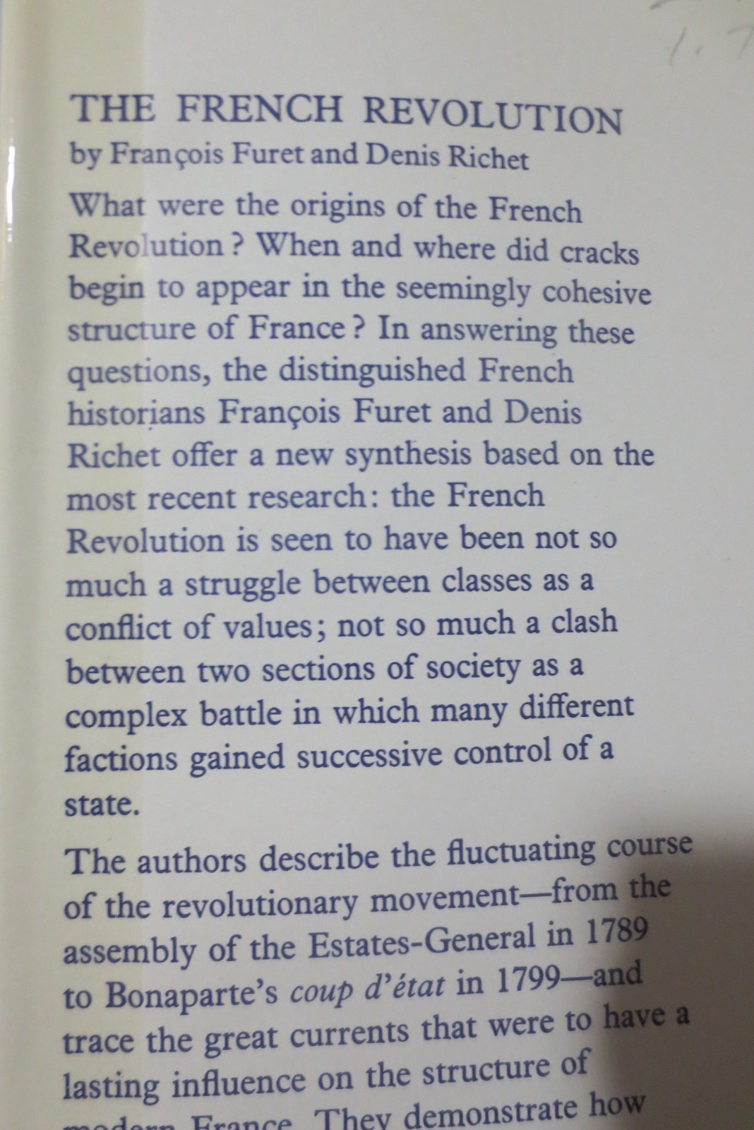 THE FRENCH REVOLUTION FURET AND RICHET HARDBACK DUSTCOVER 415 PAGES