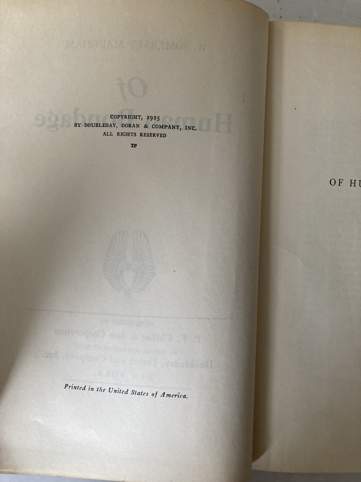 Antique 1915 Of Human Bondage by W. Somerset Maugham Hardcover Book