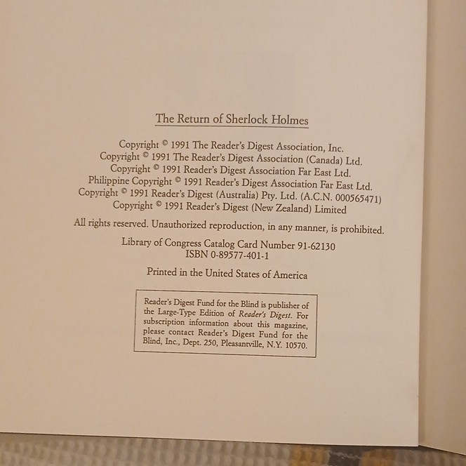 Arthur Conan Doyle—The Return of Sherlock Holmes (1991) HC Reader’s Digest Illus