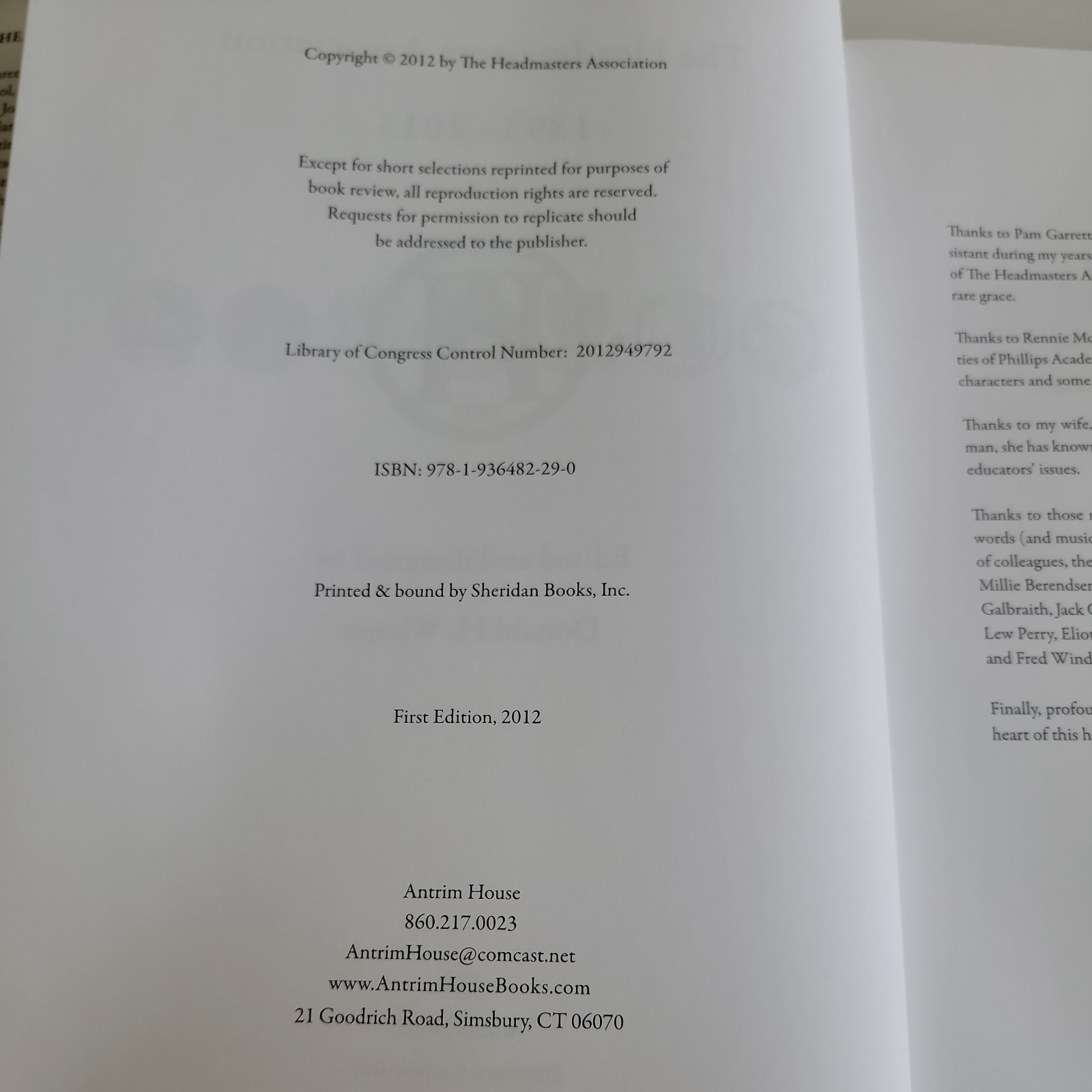 The Headmasters Association: 1893-2013 1st Edition, 2012 HC/DJ Booklets, Letter