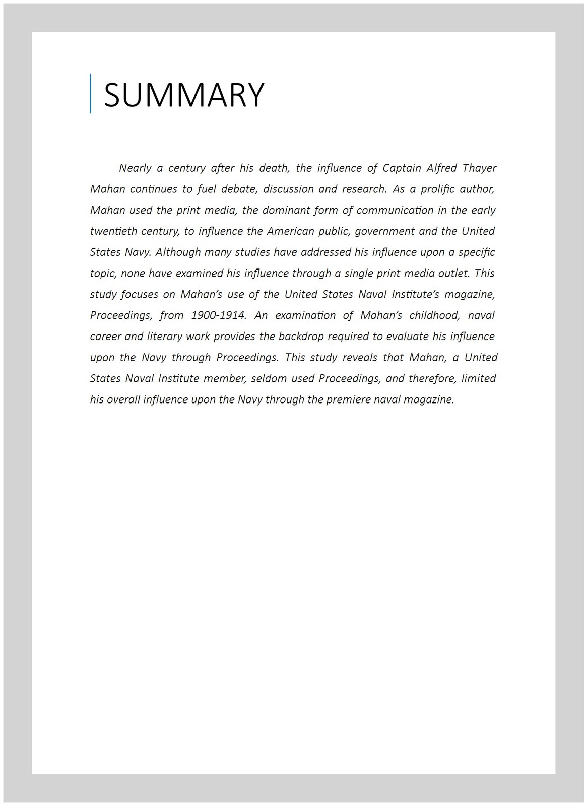 Influence of Captain Alfred Thayer Mahan upon the United States Navy : Throug…