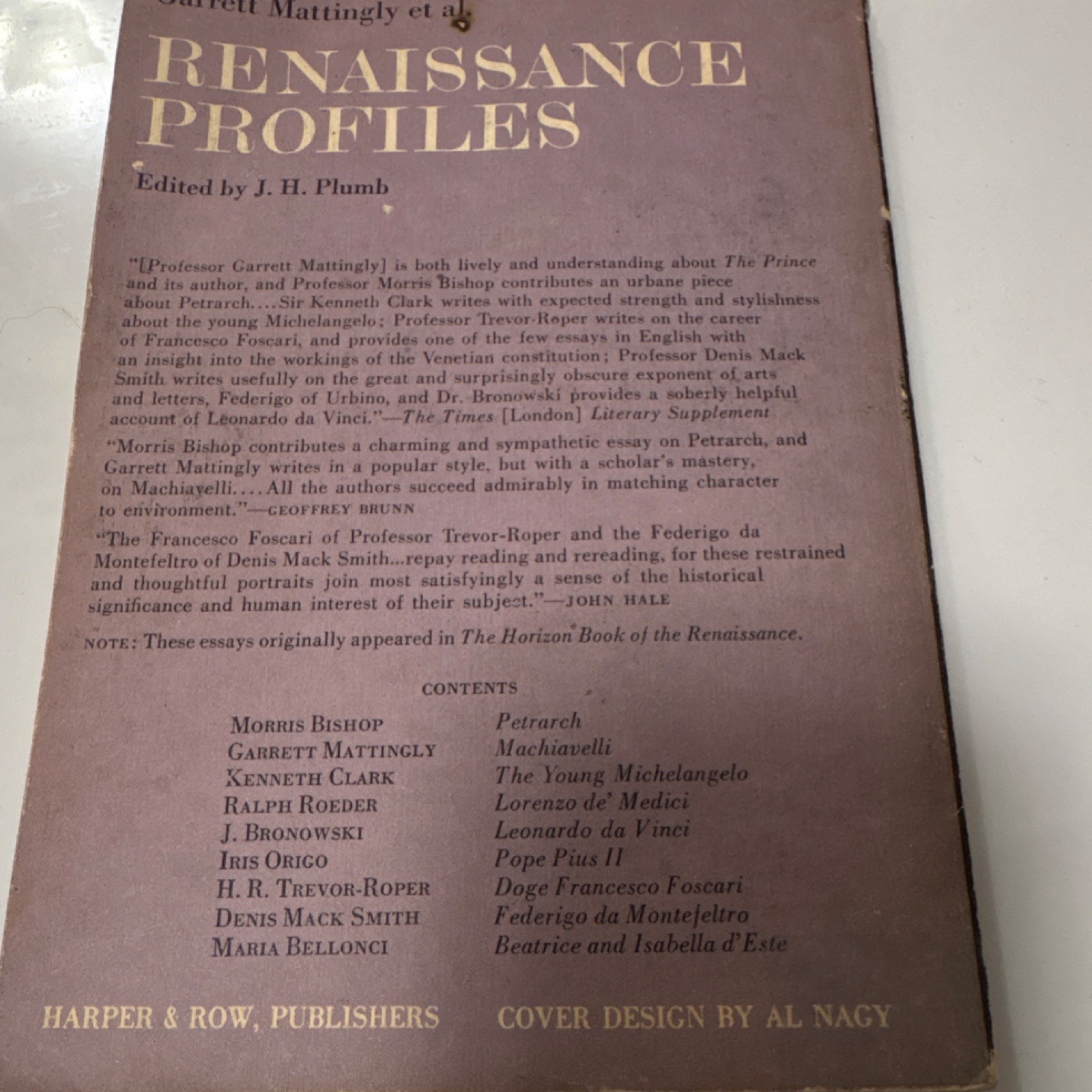 Renaissance Profiles, Garrett Mattingly, Harper, 1965 PB, Torchbooks