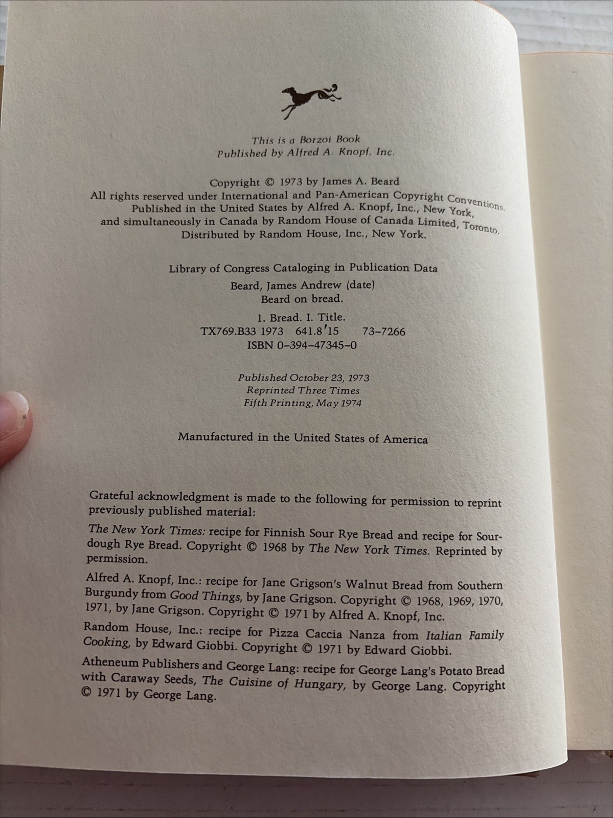 Beard on Bread Signed By James Beard 5th Printing 1974 Rolls Flat HC DJ