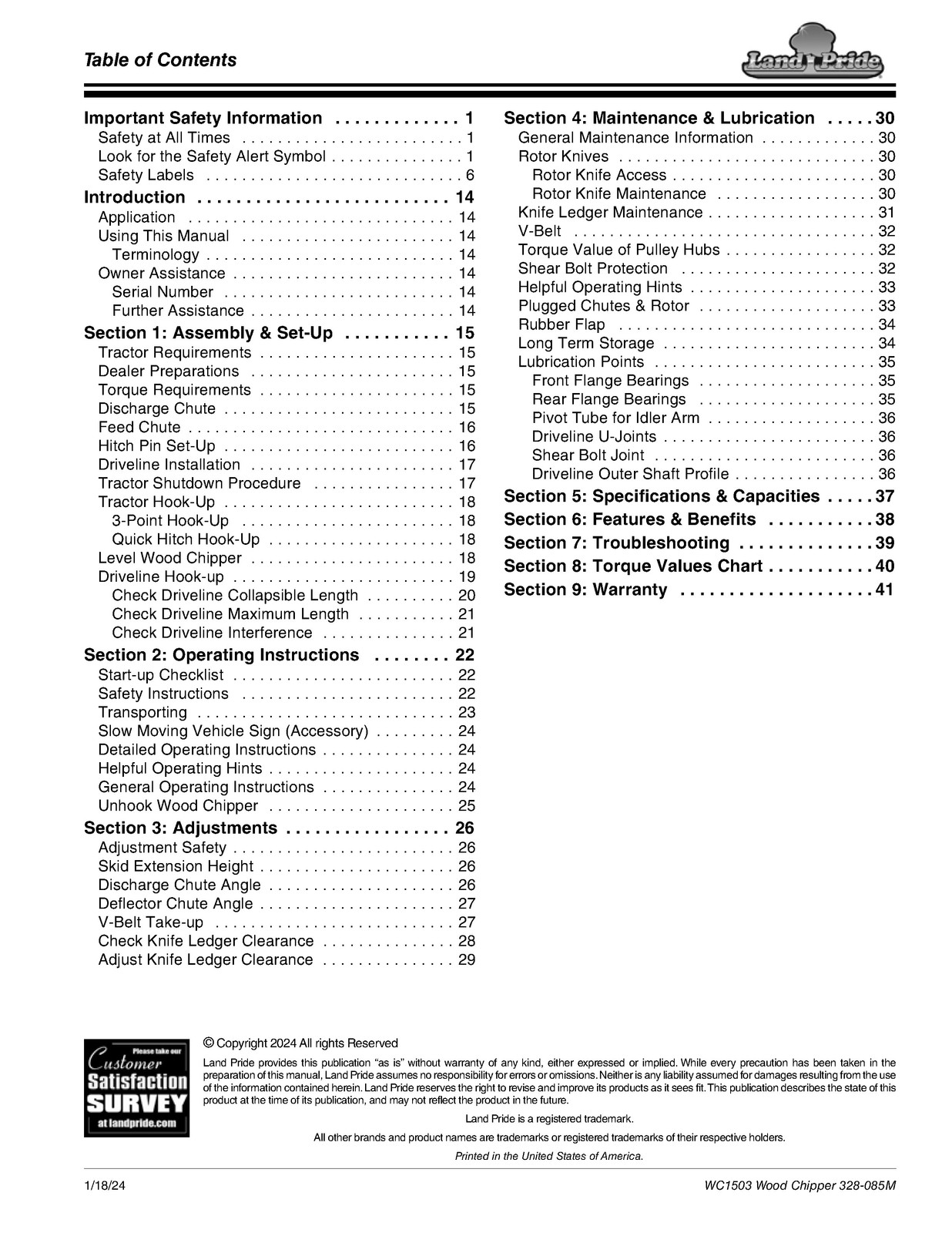 LAND PRIDE WC1503 Wood Chippers Operators Manual – WIRE BOUND – TOUGH COVERS
