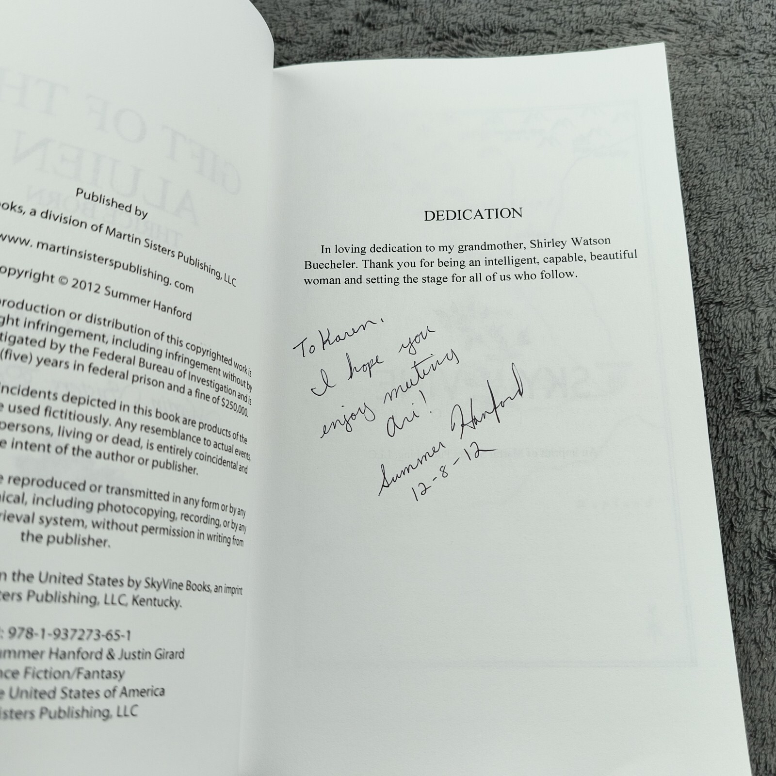 Gift Of The Aluien Thrice Born By Summer Hanford With Bookmark Signed To Summer
